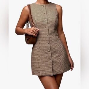 Women’s Brown Plaid Button Down Crew Neck Dress